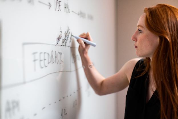 A woman sketching a diagram on a whiteboard