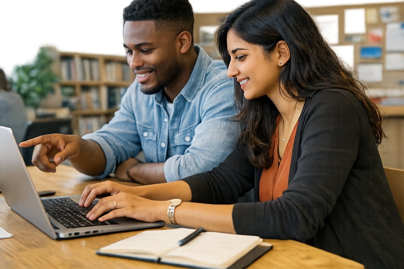 Two members working together at a laptop