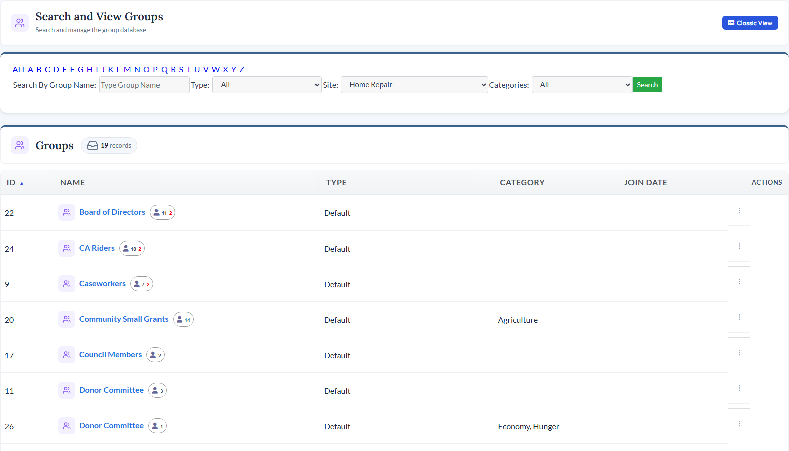 CitySoft Groups Management module showing group records and member lists