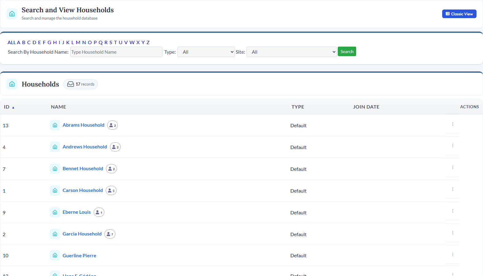 CitySoft Household Management module showing household records and linked contacts