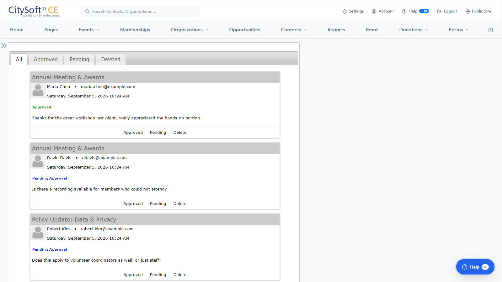 CitySoft Messages admin showing pending visitor messages awaiting approval