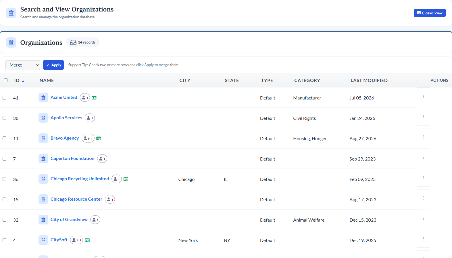 CitySoft Organization Management module showing organization profiles and records