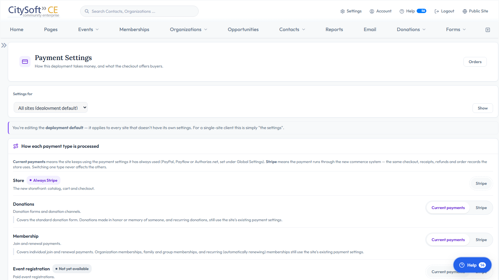 CitySoft payment settings screen showing the processor chosen for store, donation, membership, and event payments