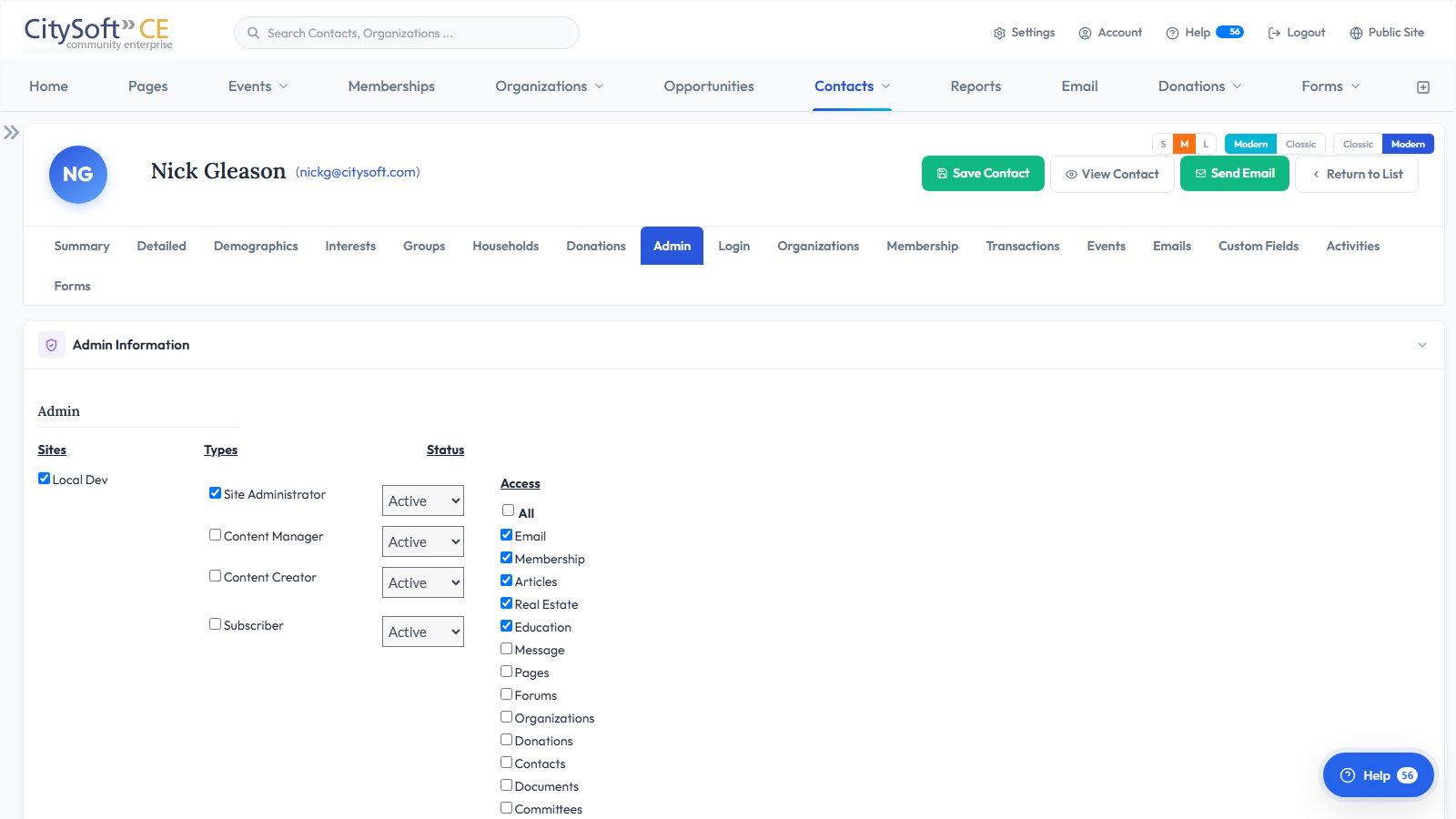 CitySoft admin roles screen showing which modules each role can access