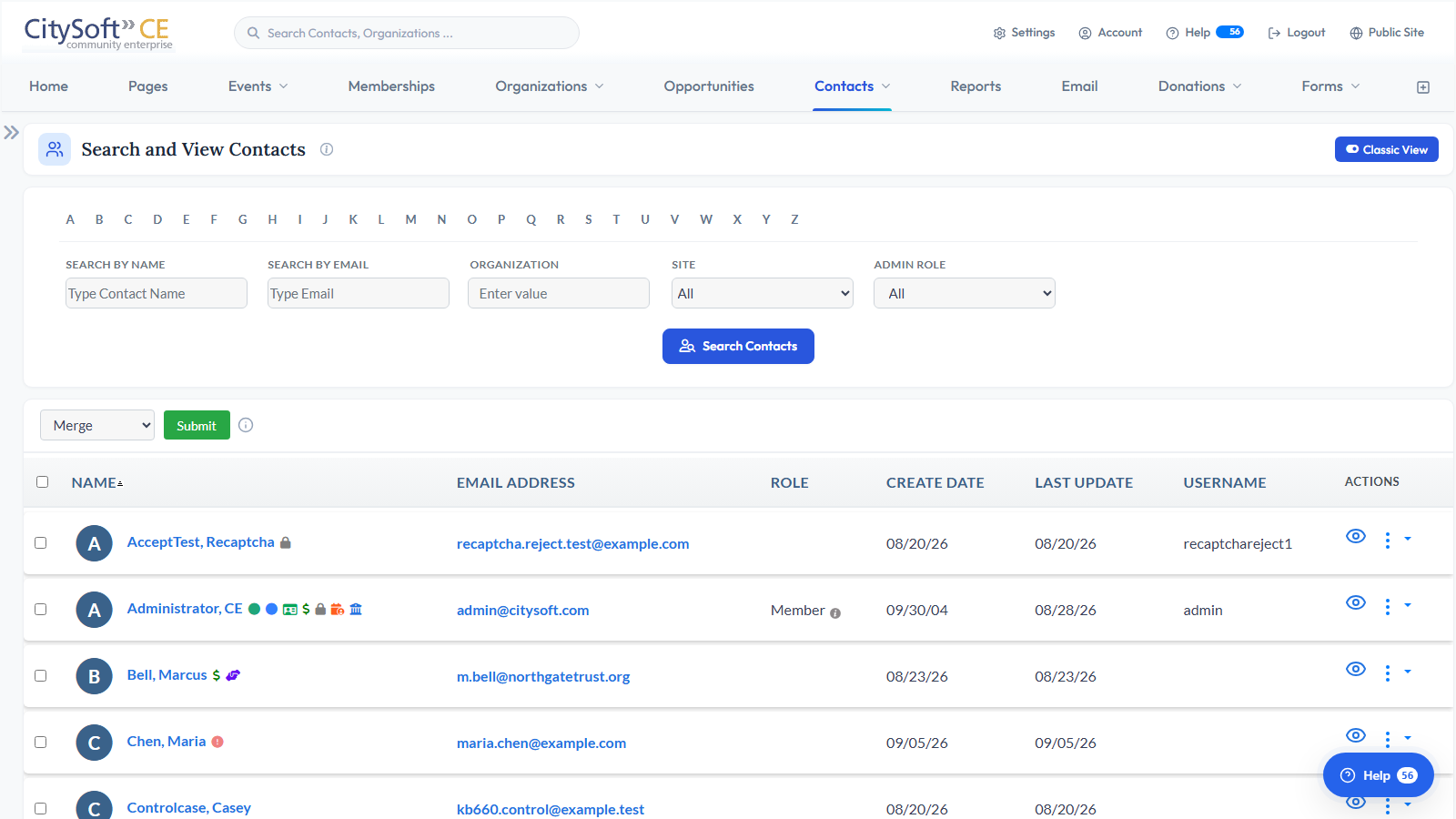 CitySoft contact list filtered to volunteers, with the volunteer badge and hours logged on each record